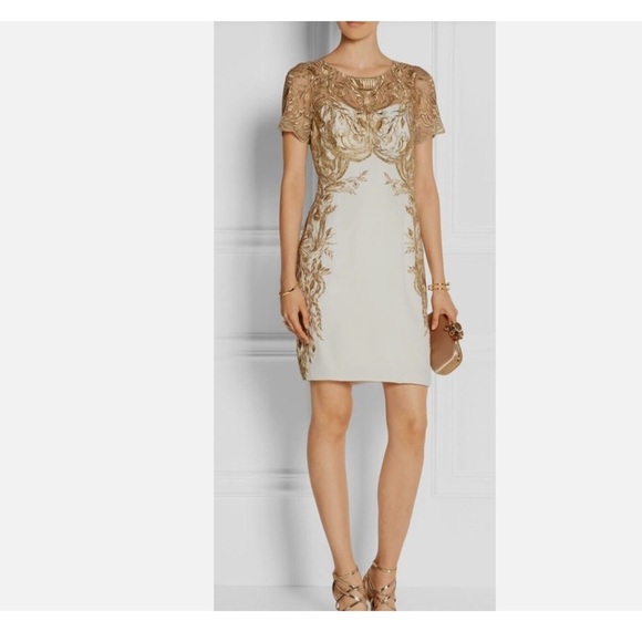 EUC Marchesa Notte Ivory and Gold Embroidered Tulle Silk-Crepe Mini Dress Sz 12 - Picture 1 of 8